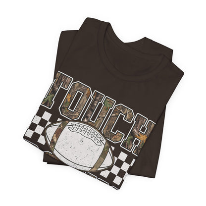 Touchdown Football Tee — Camo Lettering & Checkerboard Game Day Shirt