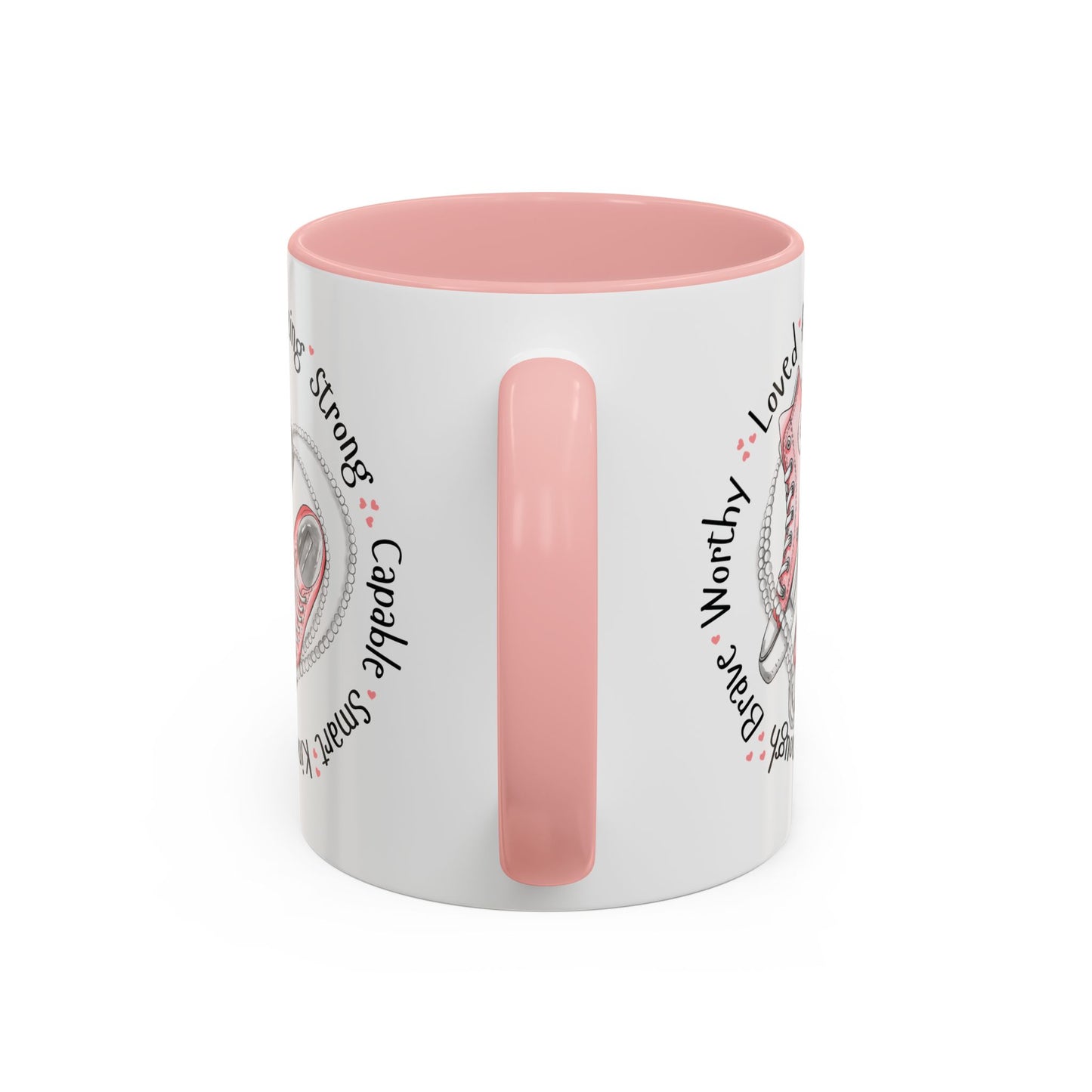 Inspirational Pink Sneakers Coffee Mug — "Loved • Amazing • Strong" Accent Mug 11 oz