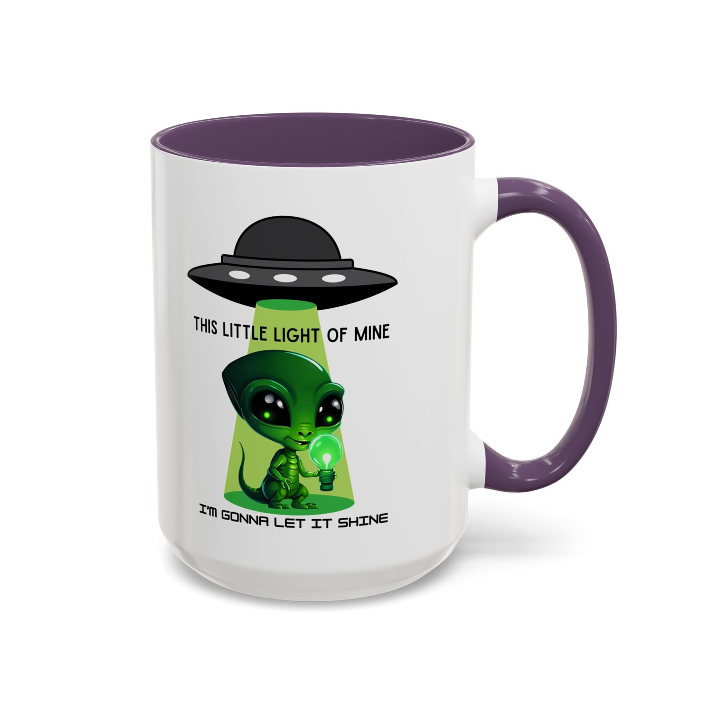 Alien UFO Coffee Mug — "This Little Light of Mine" Cute Green Alien Accent Mug (11/15oz)