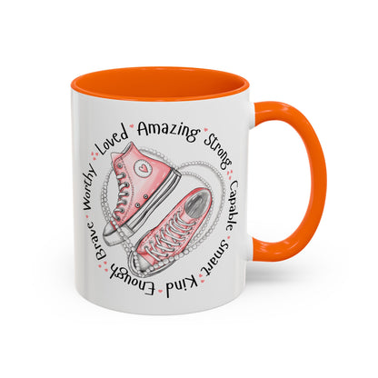 Inspirational Pink Sneakers Coffee Mug — "Loved • Amazing • Strong" Accent Mug 11 oz