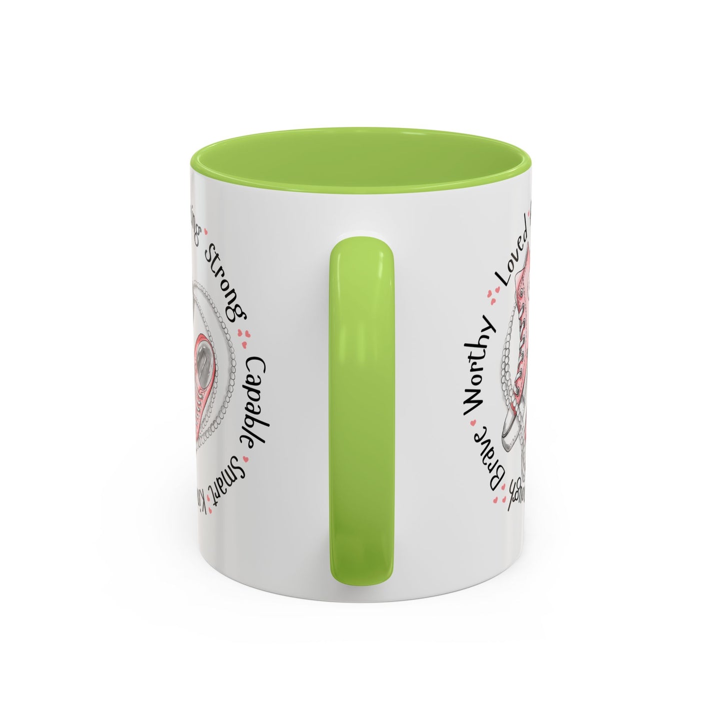 Inspirational Pink Sneakers Coffee Mug — "Loved • Amazing • Strong" Accent Mug 11 oz