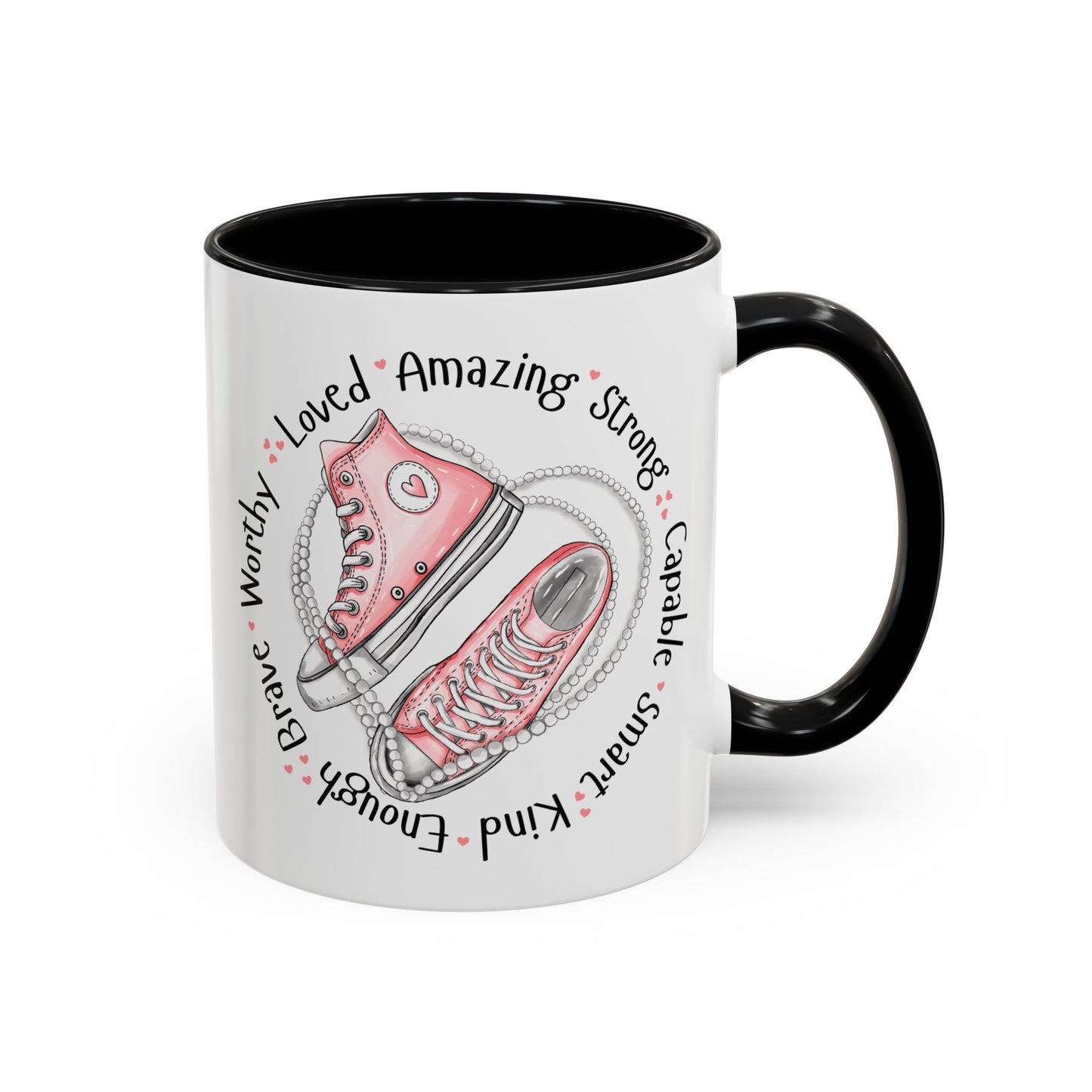 Inspirational Pink Sneakers Coffee Mug — "Loved • Amazing • Strong" Accent Mug 11 oz