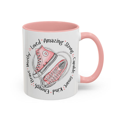 Inspirational Pink Sneakers Coffee Mug — "Loved • Amazing • Strong" Accent Mug 11 oz