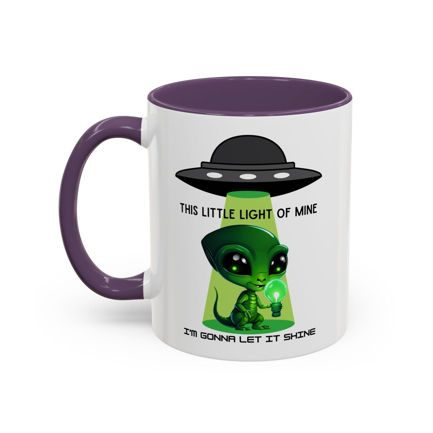 Alien UFO Coffee Mug — "This Little Light of Mine" Cute Green Alien Accent Mug (11/15oz)