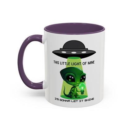 Alien UFO Coffee Mug — "This Little Light of Mine" Cute Green Alien Accent Mug (11/15oz)