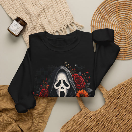 Horror Mask Crewneck Sweatshirt — Ghostface Pumpkin Floral Halloween Design