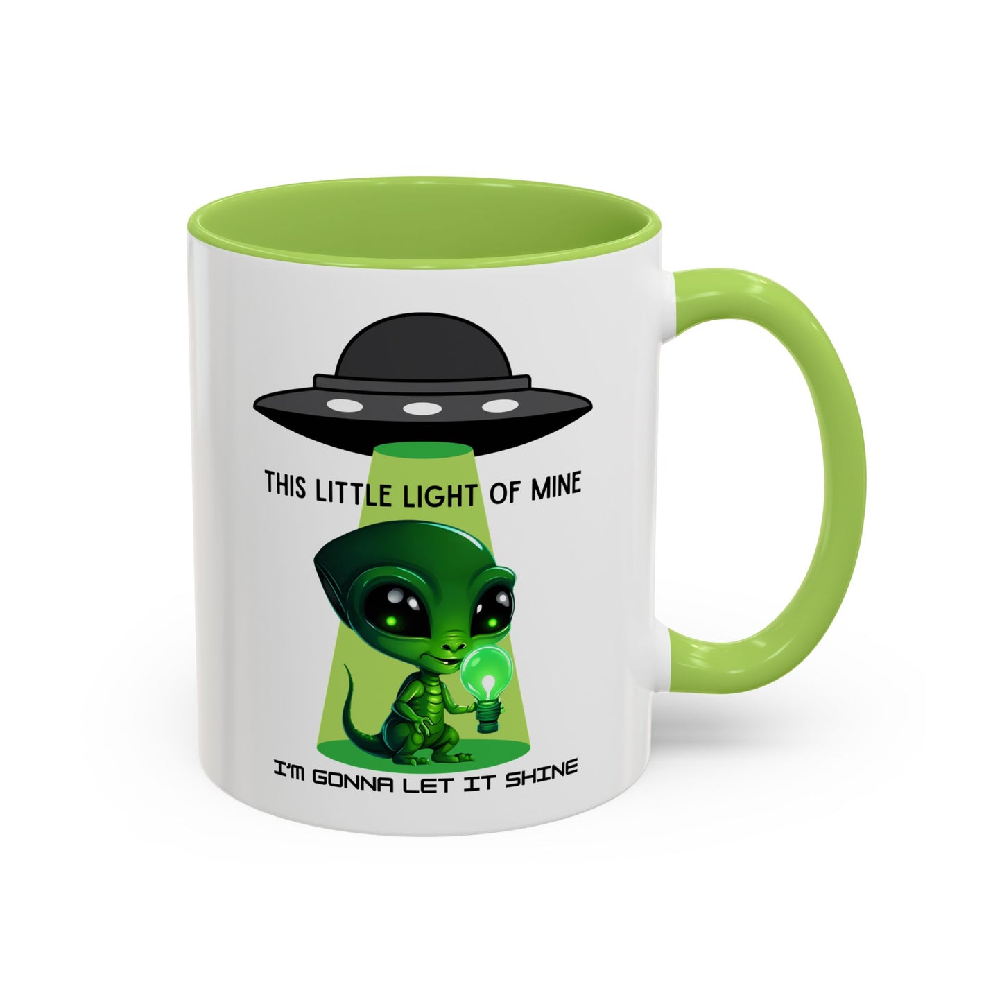 Alien UFO Coffee Mug — "This Little Light of Mine" Cute Green Alien Accent Mug (11/15oz)