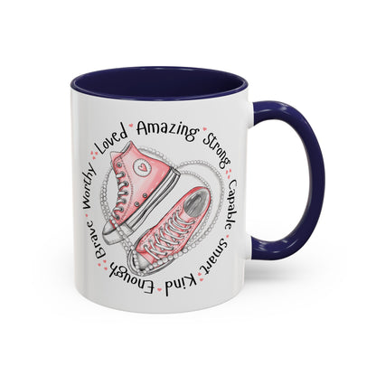 Inspirational Pink Sneakers Coffee Mug — "Loved • Amazing • Strong" Accent Mug 11 oz