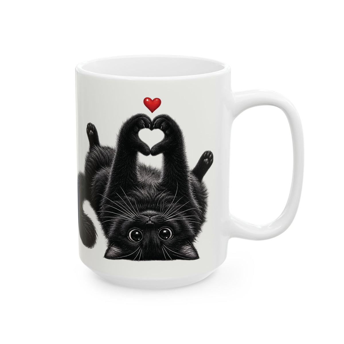 Black Cat Heart Pose Ceramic Mug – Cute Cat Lover Coffee Cup (15oz)