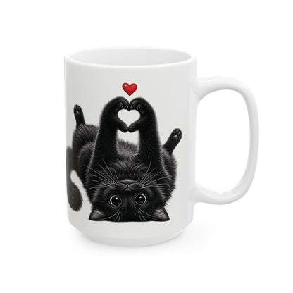 Black Cat Heart Pose Ceramic Mug – Cute Cat Lover Coffee Cup (15oz)