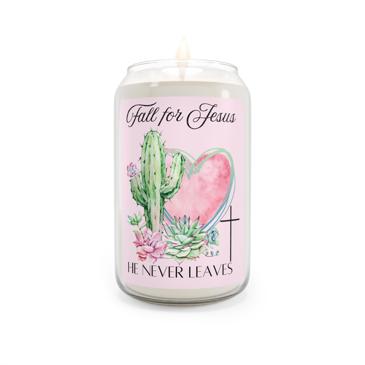 Soy Candle — "Fall for Jesus, He Never Leaves" Pink Succulent & Cactus Scented Candle (13.75 oz)