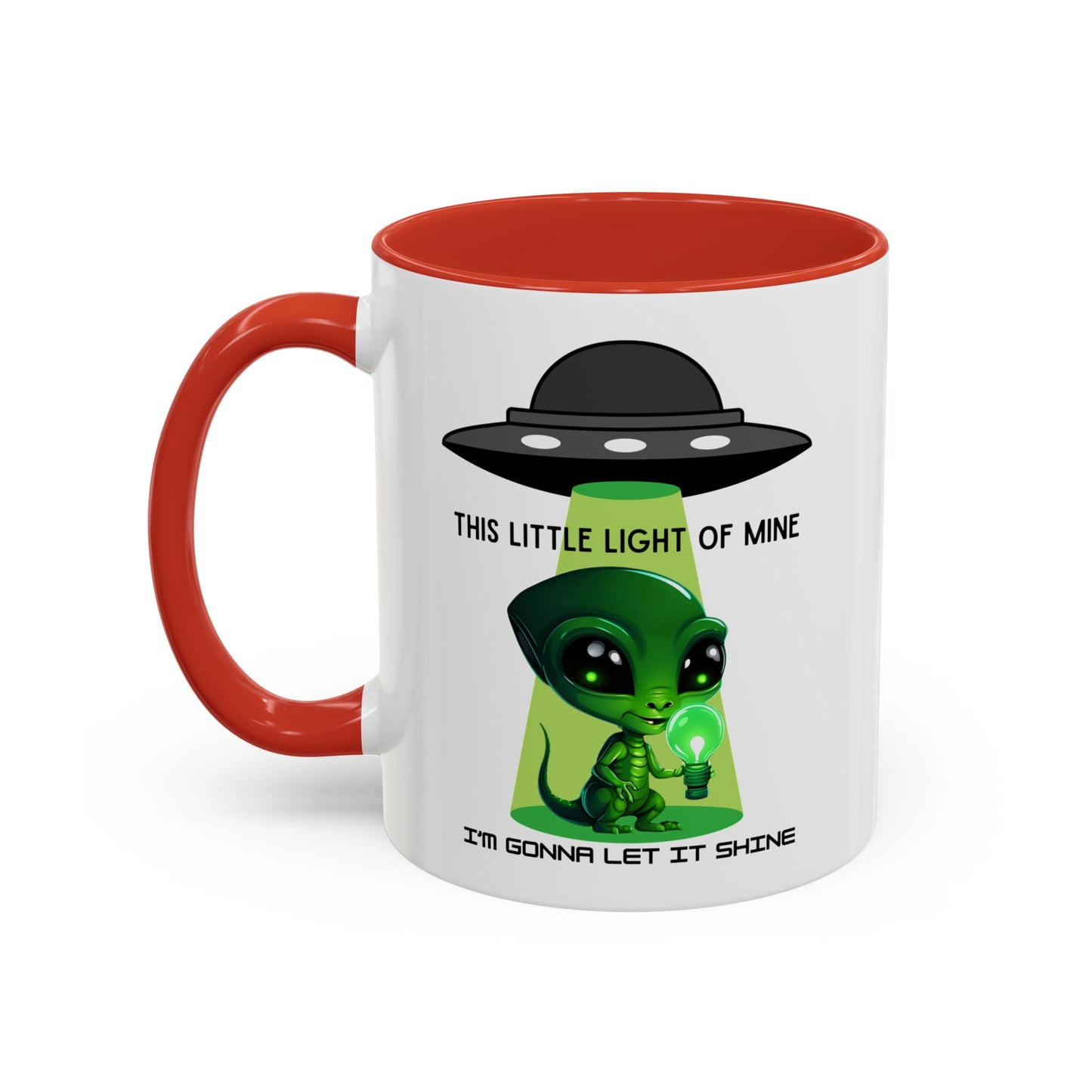 Alien UFO Coffee Mug — "This Little Light of Mine" Cute Green Alien Accent Mug (11/15oz)