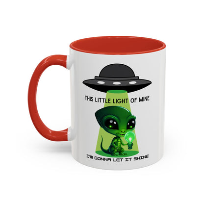 Alien UFO Coffee Mug — "This Little Light of Mine" Cute Green Alien Accent Mug (11/15oz)