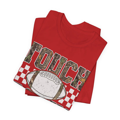 Touchdown Football Tee — Camo Lettering & Checkerboard Game Day Shirt