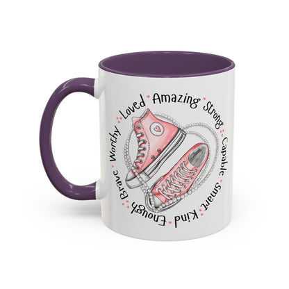 Inspirational Pink Sneakers Coffee Mug — "Loved • Amazing • Strong" Accent Mug 11 oz