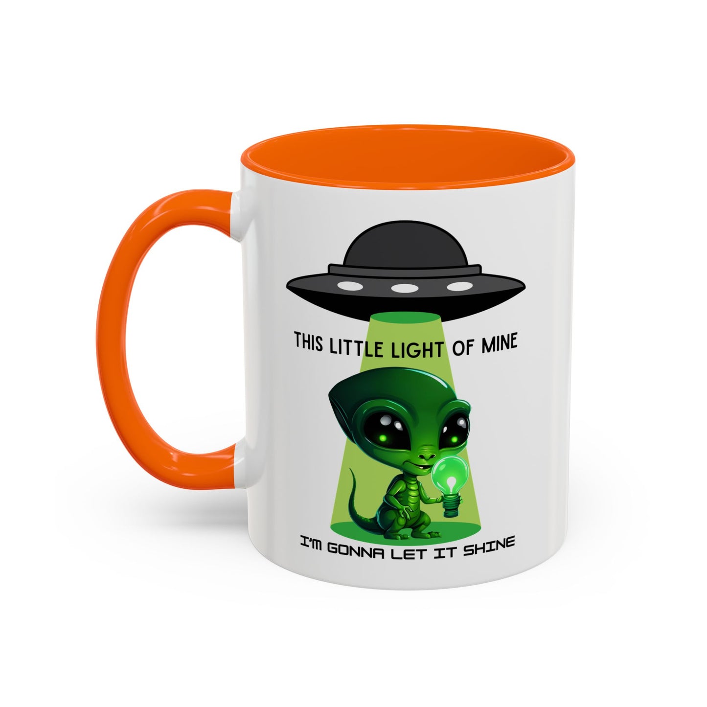 Alien UFO Coffee Mug — "This Little Light of Mine" Cute Green Alien Accent Mug (11/15oz)