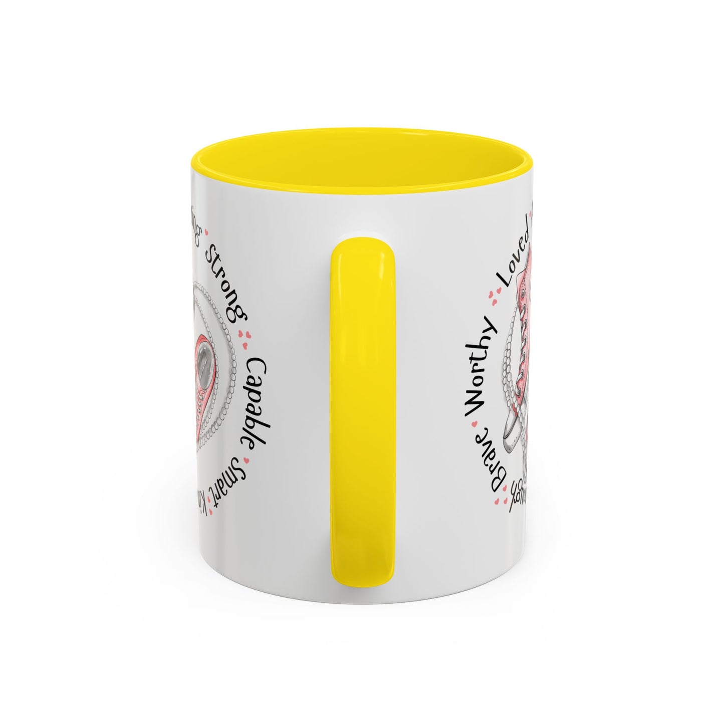 Inspirational Pink Sneakers Coffee Mug — "Loved • Amazing • Strong" Accent Mug 11 oz